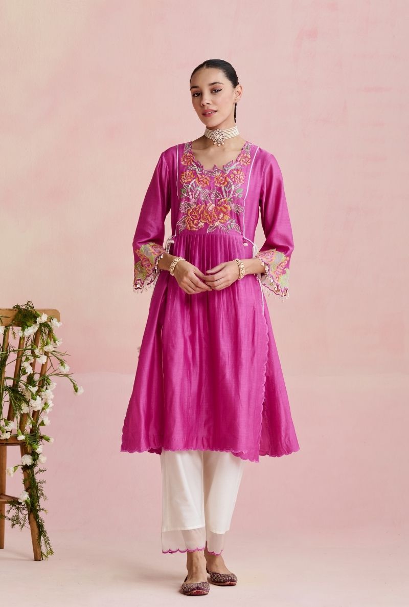 Magenta Pink Embroidered Angrakha Yoke Amara Kurta Set
