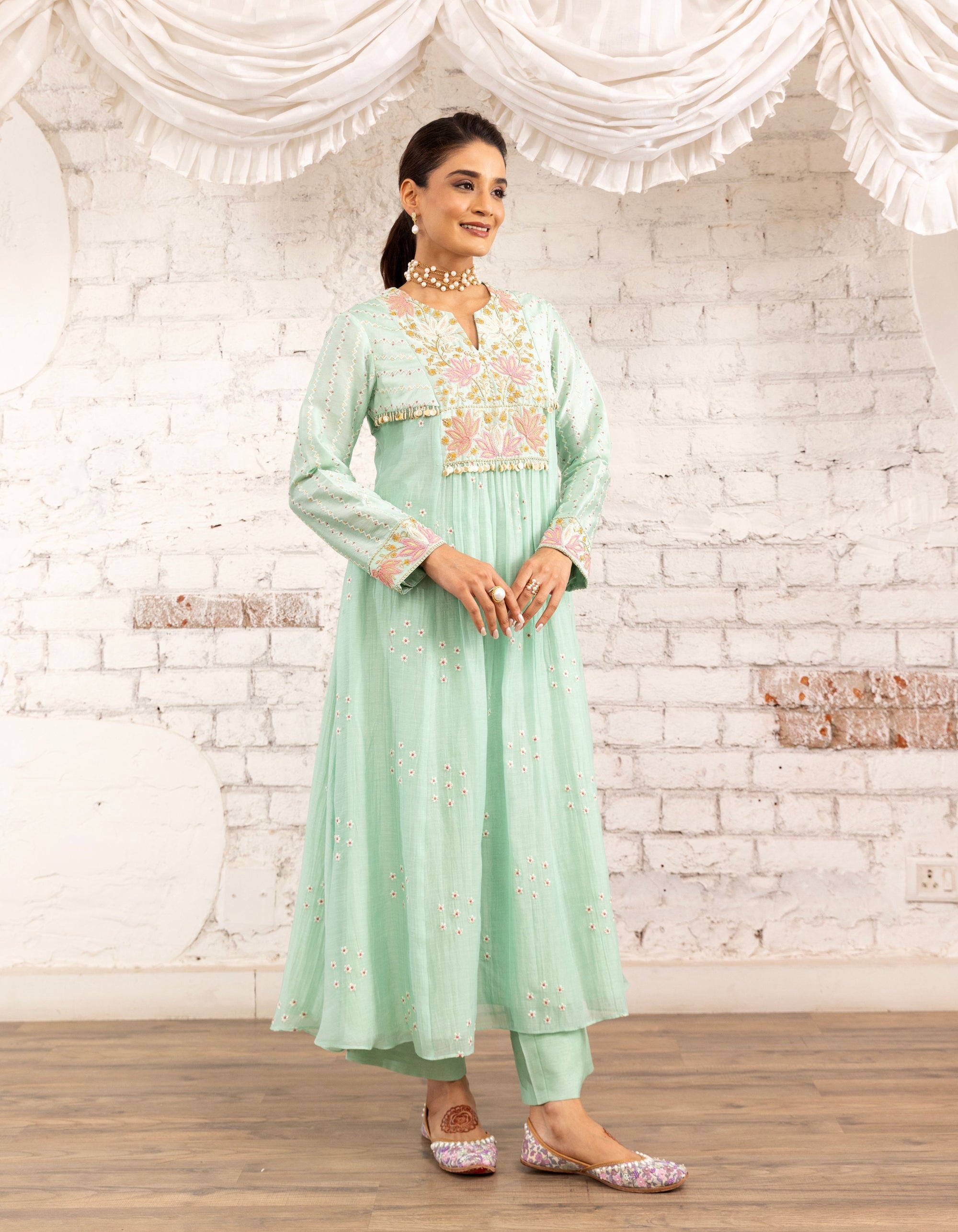Aqua Lotus Yoke Noor Anarkali Kurta Set