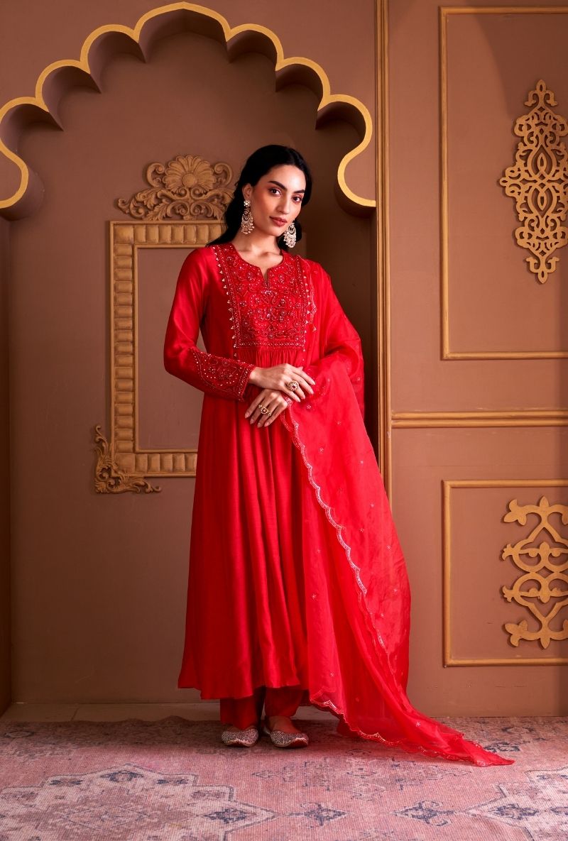 Red Bead Yoke Rasia Kurta Set