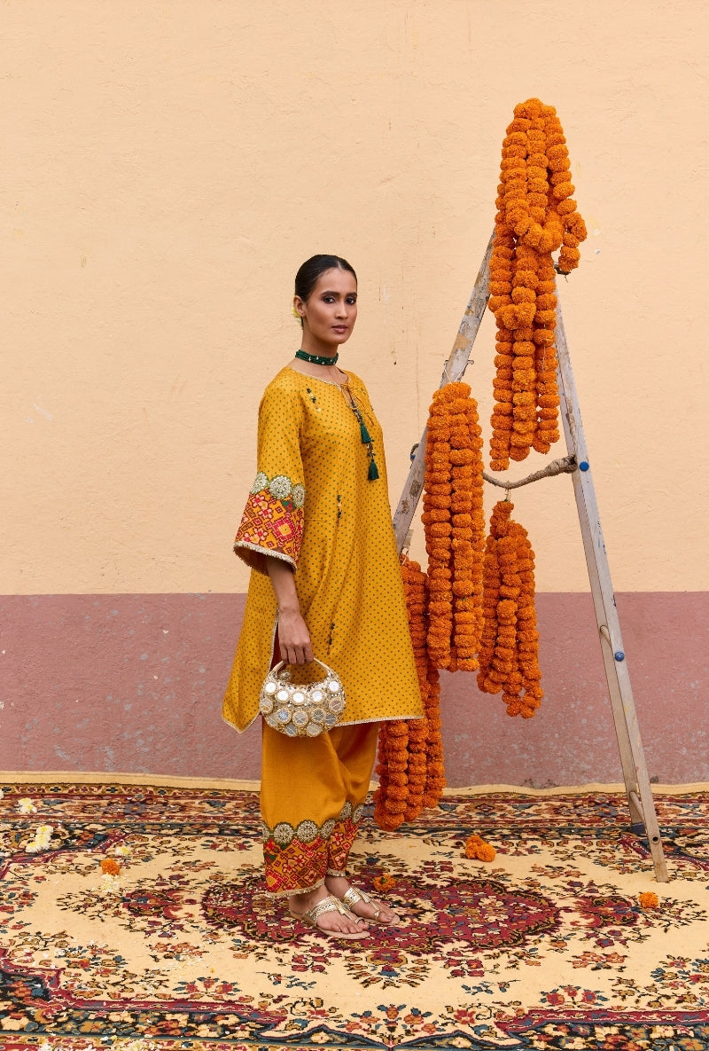 Yellow Bandhni Border Oorja Salwar Set