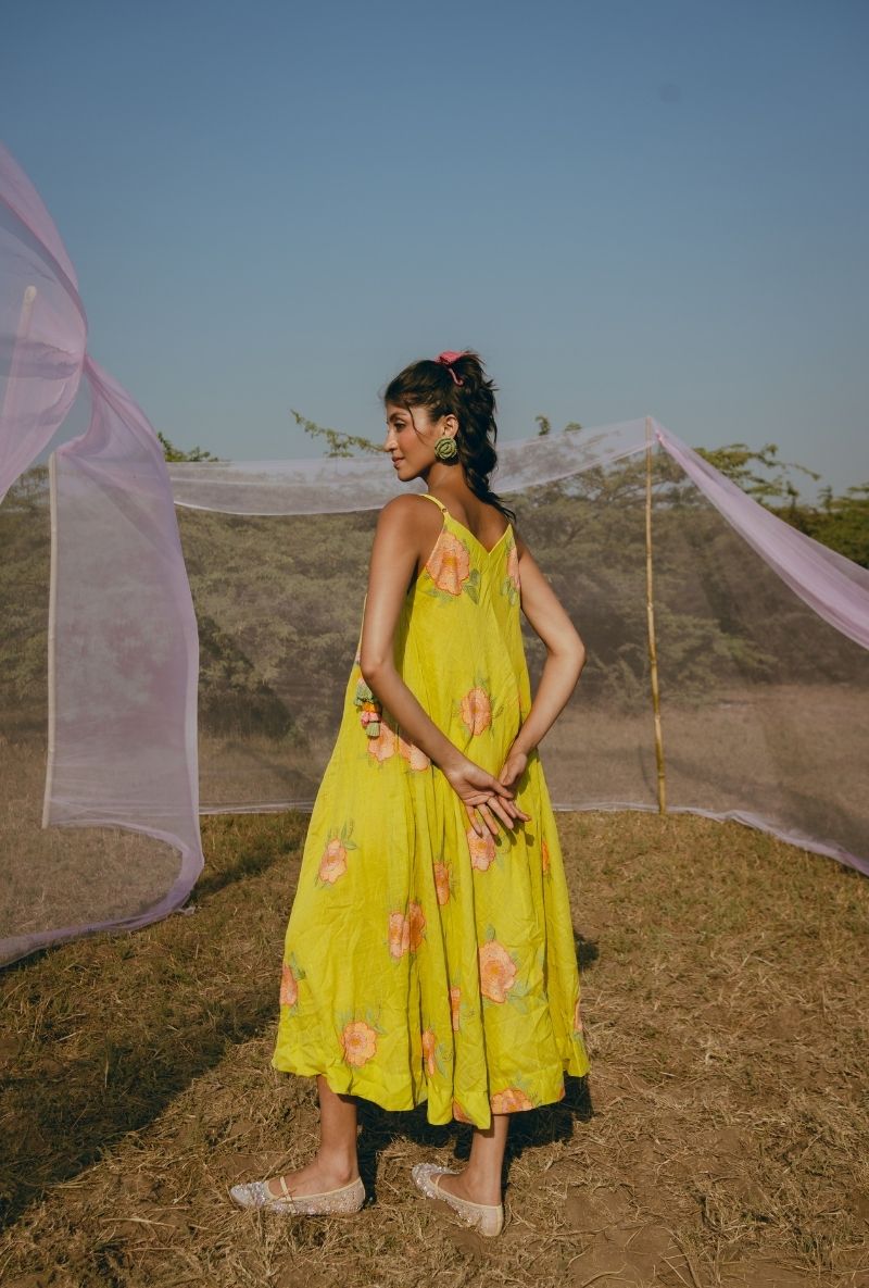 Yellow Floral Motif Sleeveless A-Line Barfi Dress