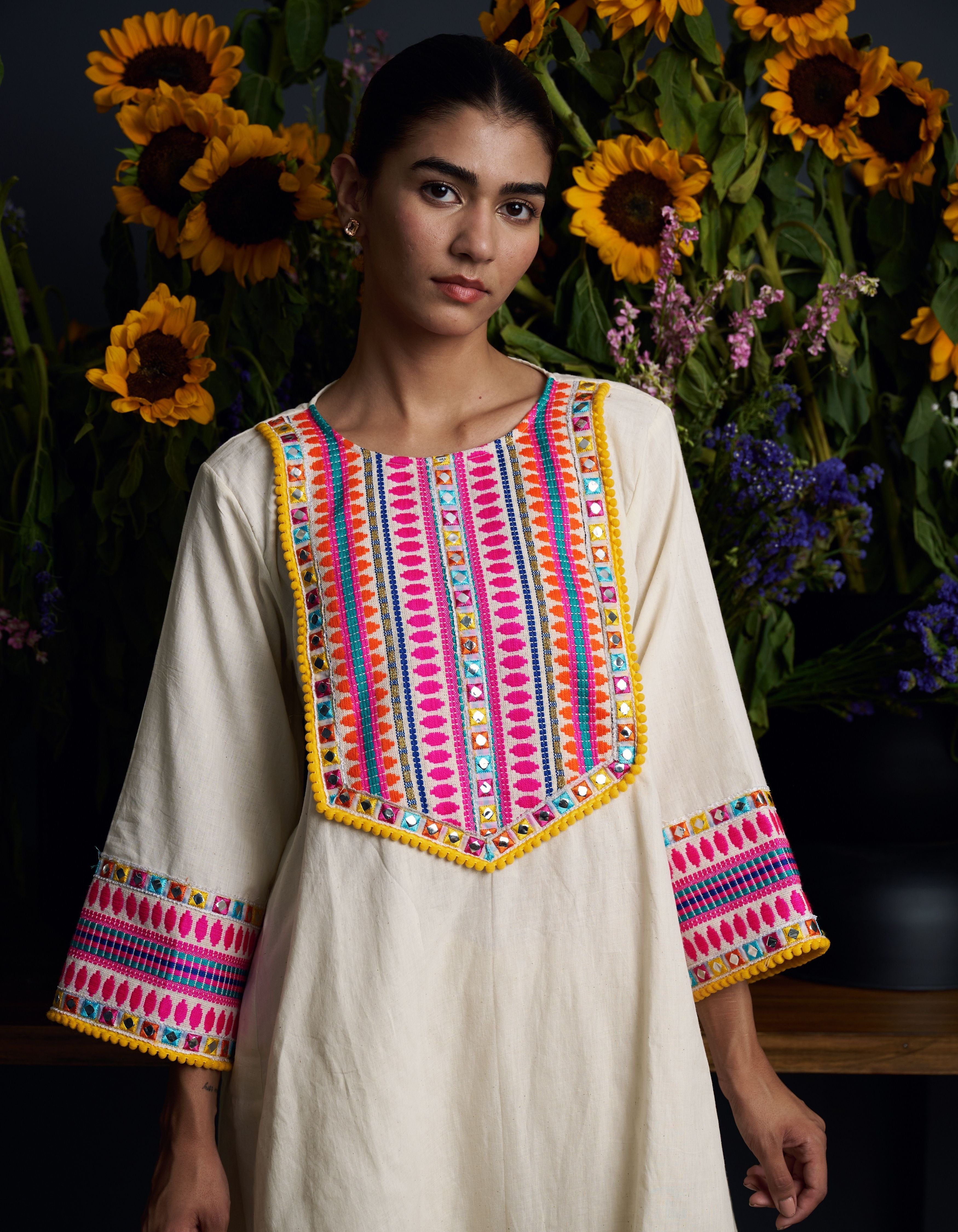 Beige Multi Colour Neon Yoke Leher Nadia Kurta Set