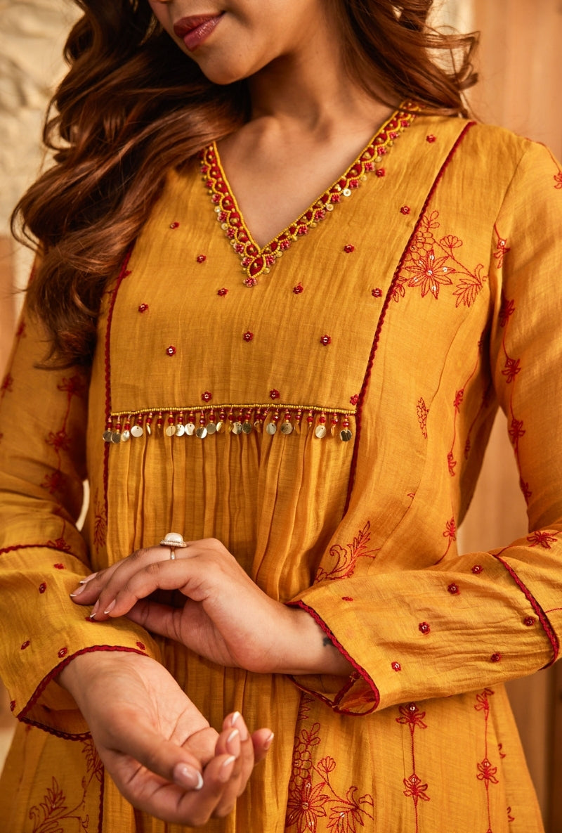 Yellow Red Thread Work Short Aadhya Co-Ord Set