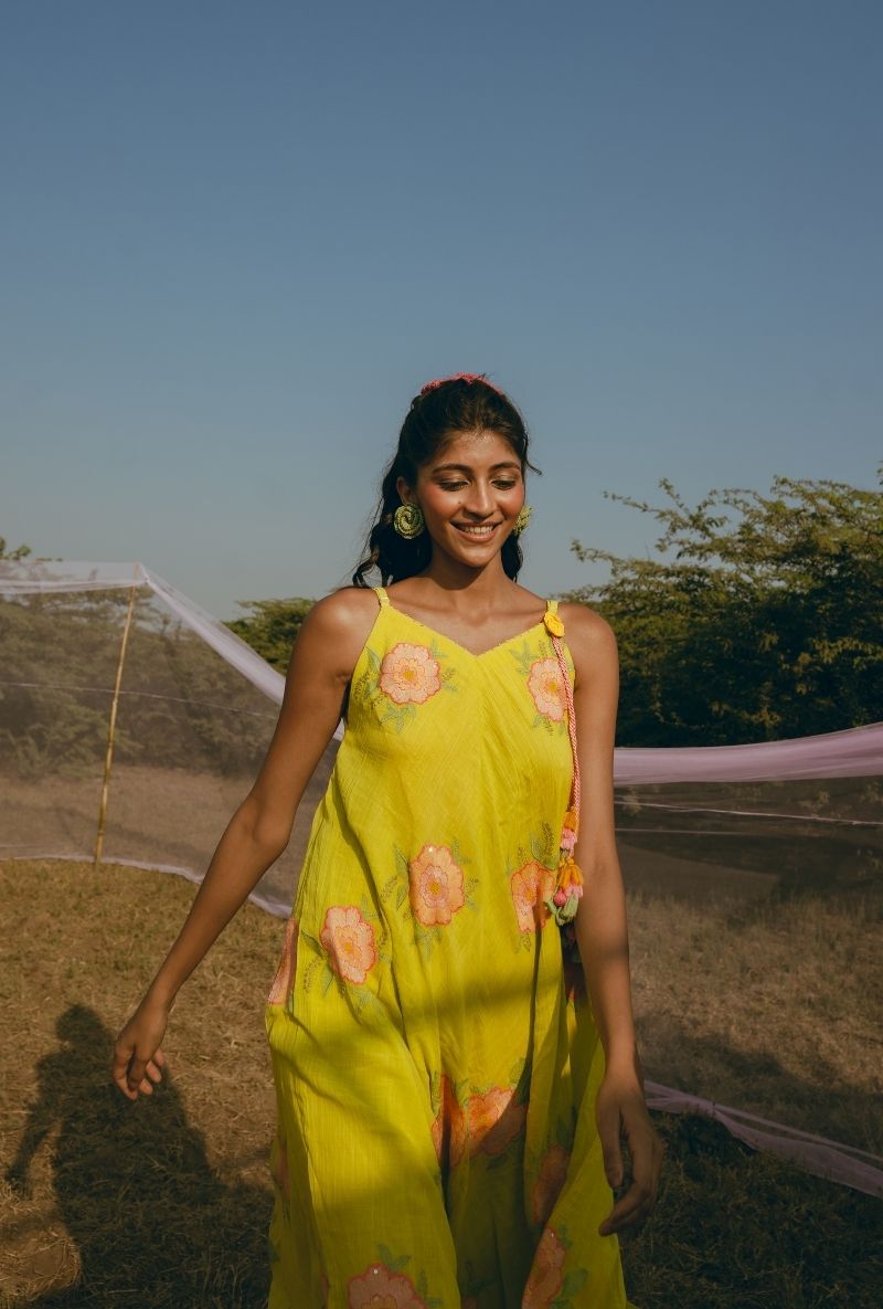 Yellow Floral Motif Sleeveless A-Line Barfi Dress