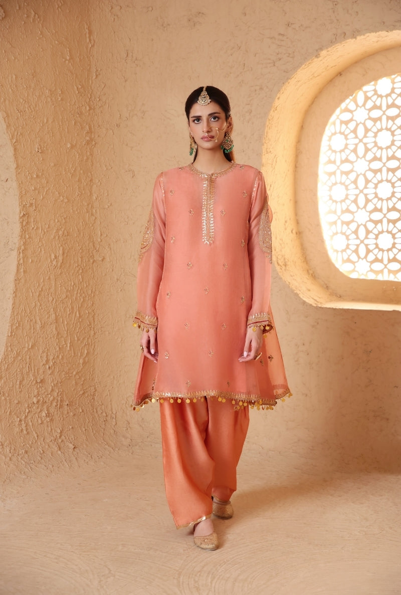Peach Short Pheran Nihira Kurta Set