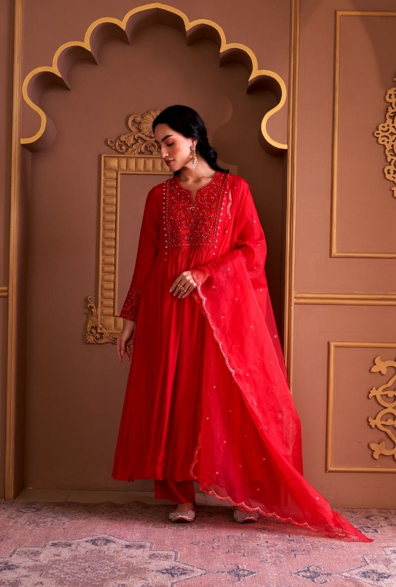 Red Bead Yoke Rasia Kurta Set