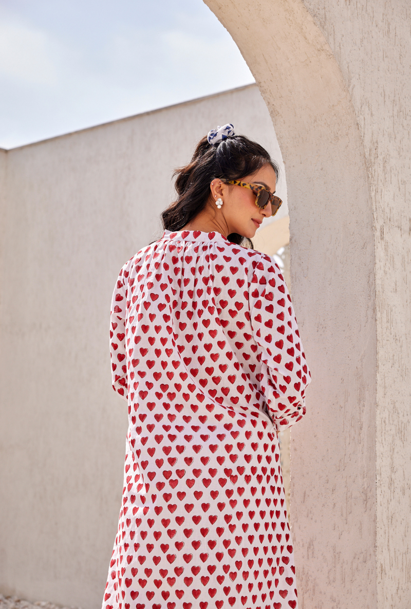 Red Heart All Over Digital Print Peony Kurta Set