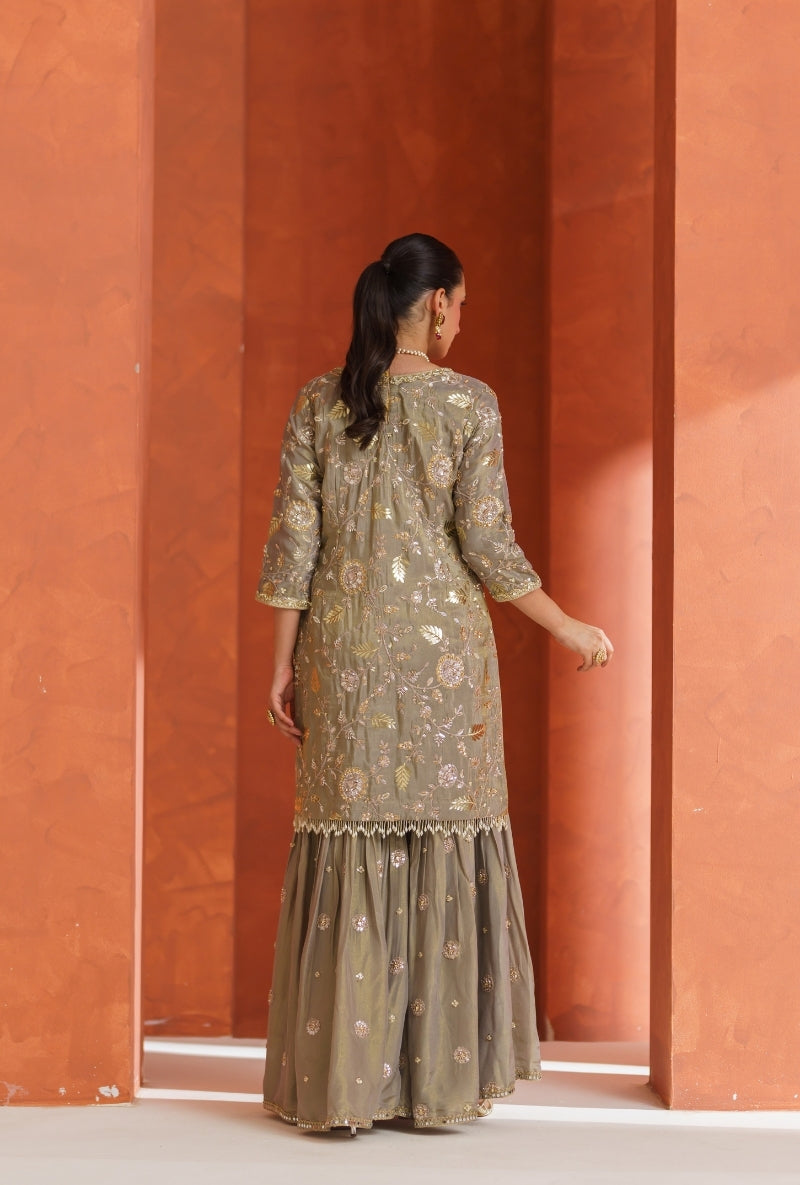 Mouse Beige Sequin &amp; Zari Work Vira Gharara Set