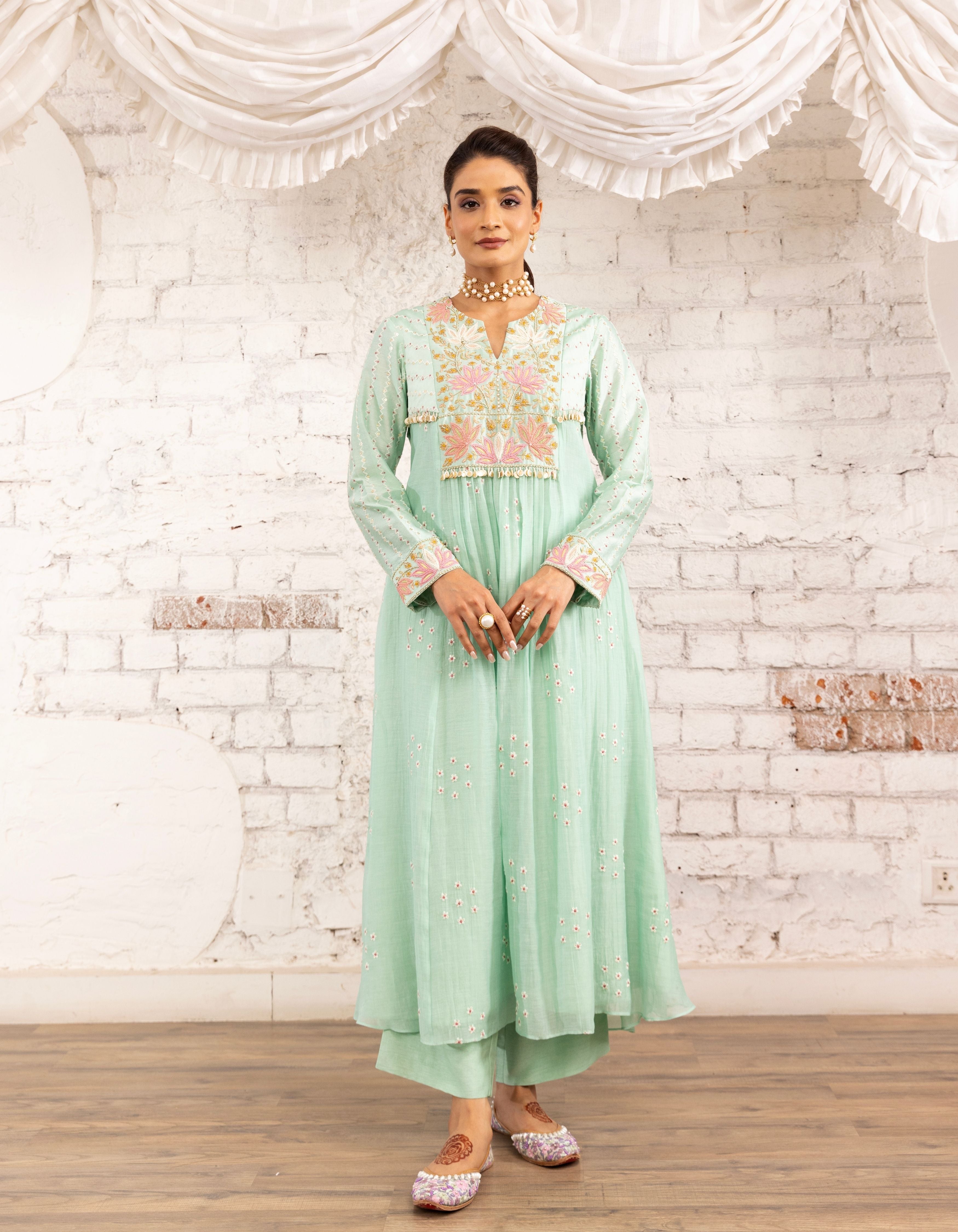 Aqua Lotus Yoke Noor Anarkali Kurta Set
