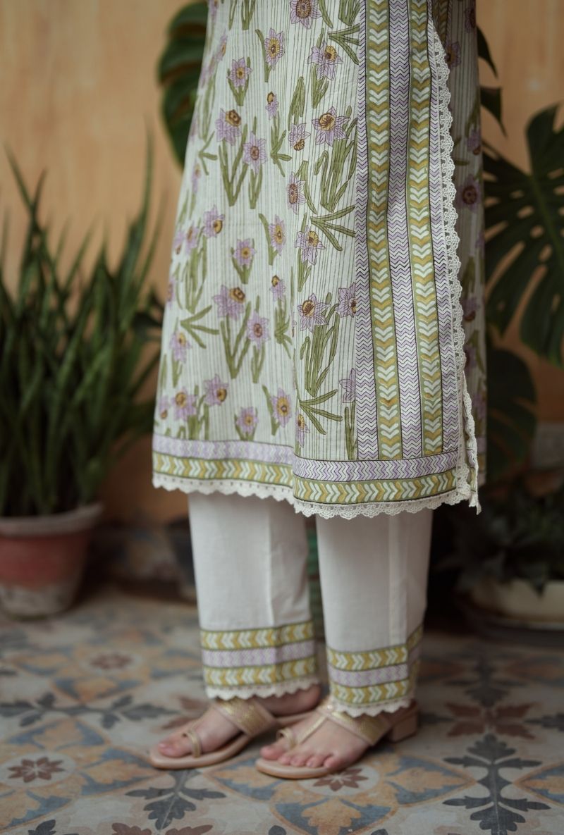 Ivory Handblock Print Straight Raisa Kurta Set
