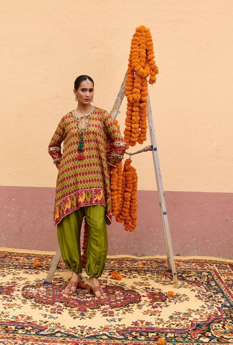 Green Ikat Asymmetric Oorja Kurta Set