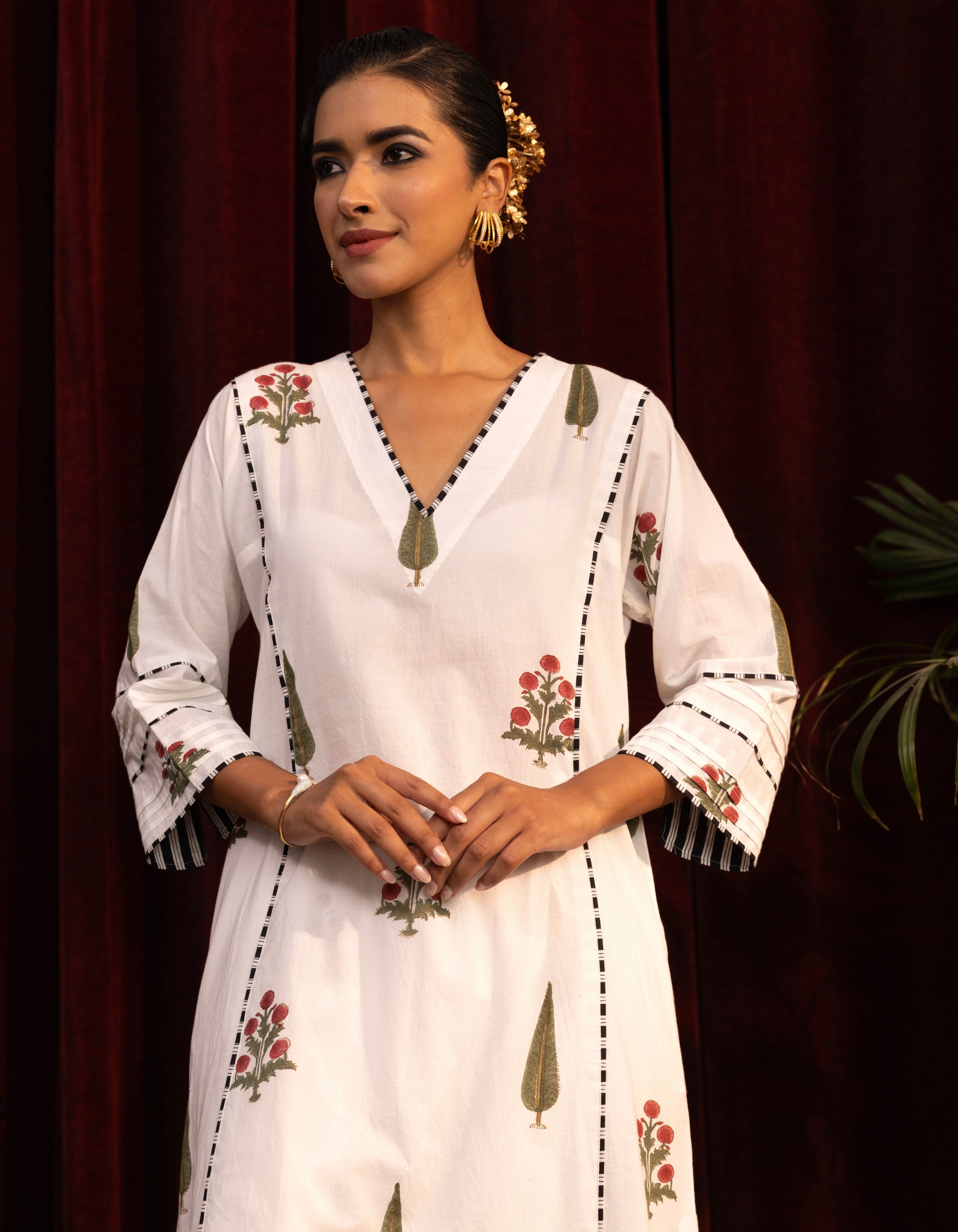 White Cypress Leaf and Poppy Print Mogra Kurta Set