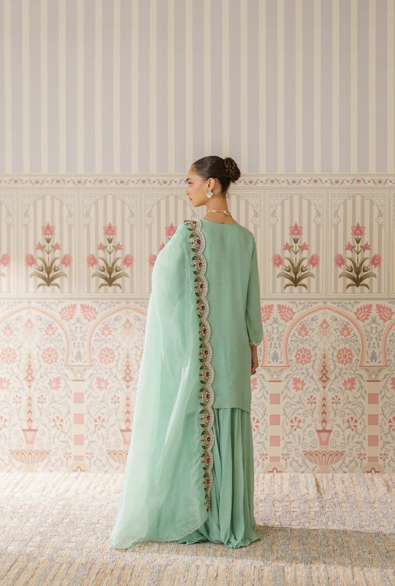 Aqua Pearl and Resham Hand Embroidered Mallika Sharara Set