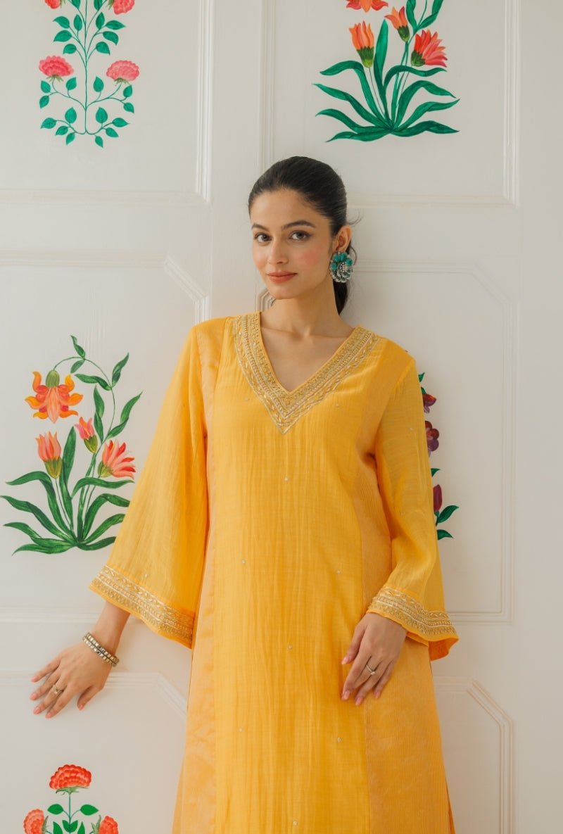 Yellow Pitta Work Neck Baani Gharara Set