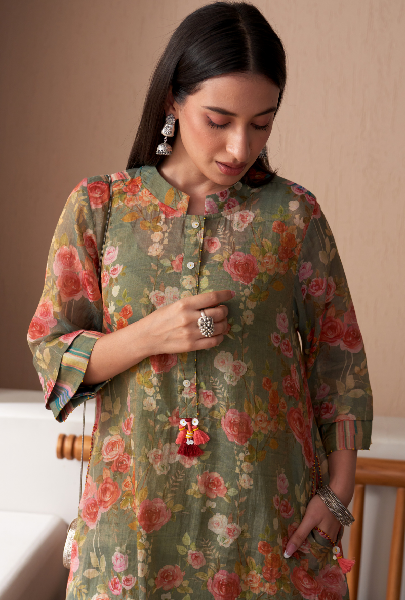 Green Floral Jaal Print Bageecha Kurta Set