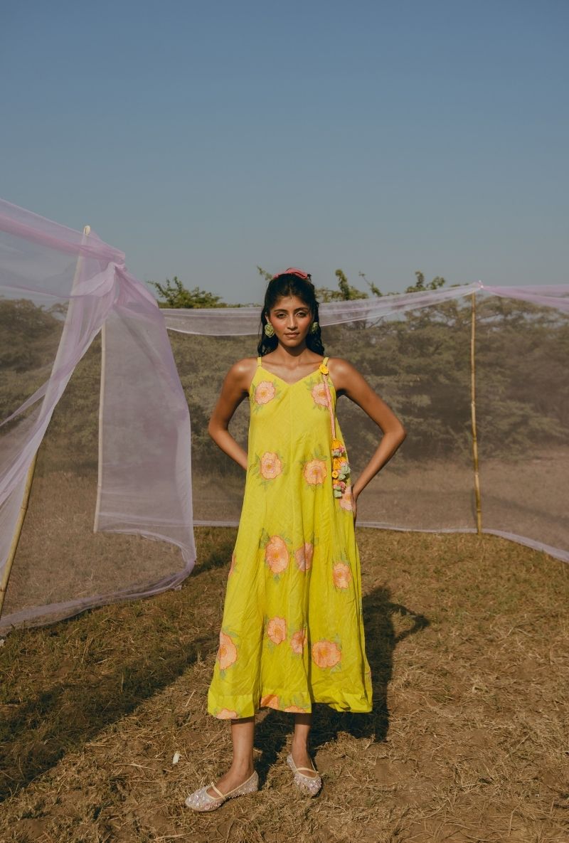 Yellow Floral Motif Sleeveless A-Line Barfi Dress