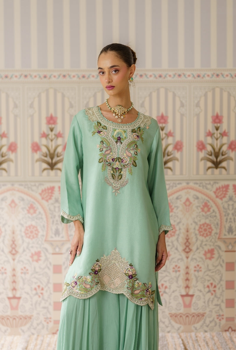 Aqua Pearl and Resham Hand Embroidered Mallika Sharara Set