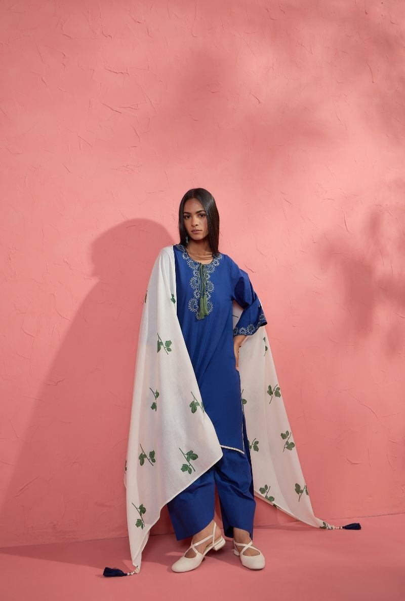 Cobalt Blue Embroidered Neckline Bulbul Farshi Set
