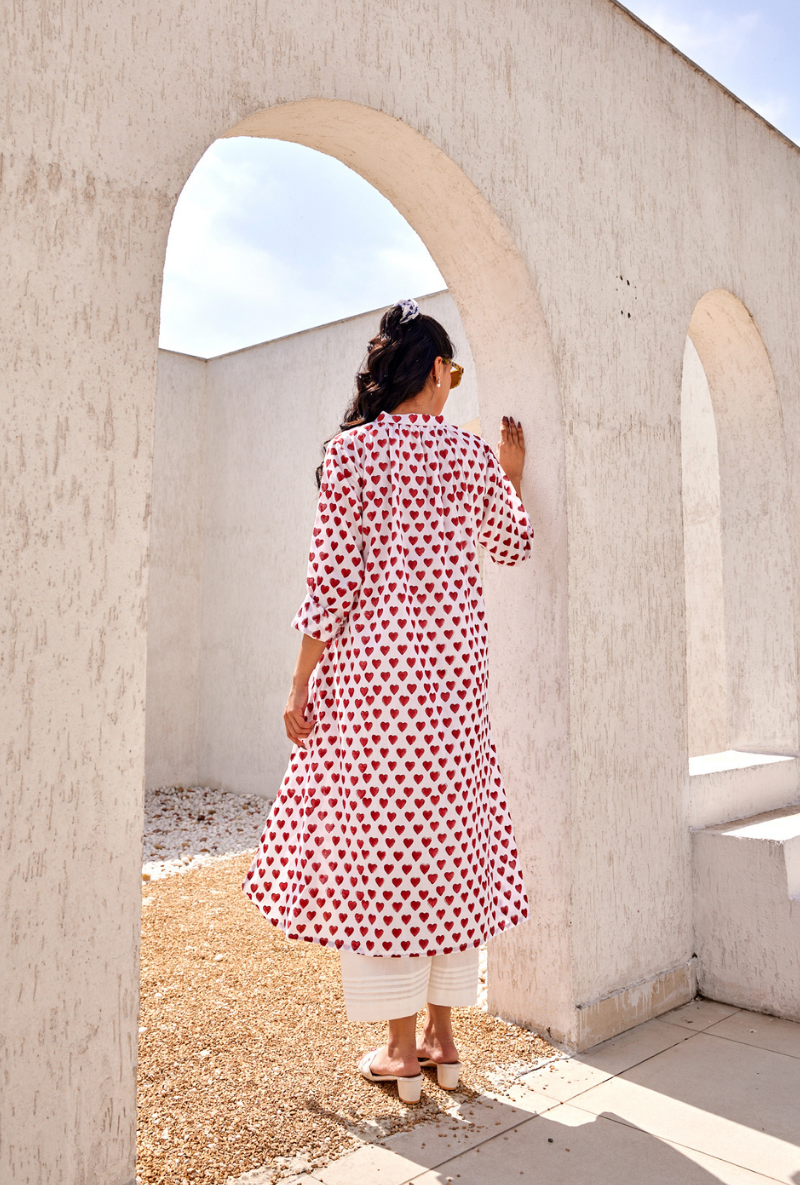 Red Heart All Over Digital Print Peony Kurta Set