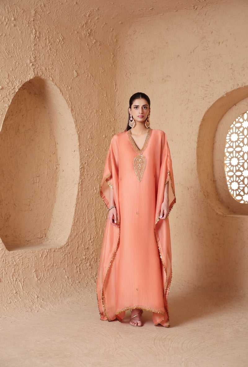Peach Dori Embroidery Yoke Nihira Kaftan