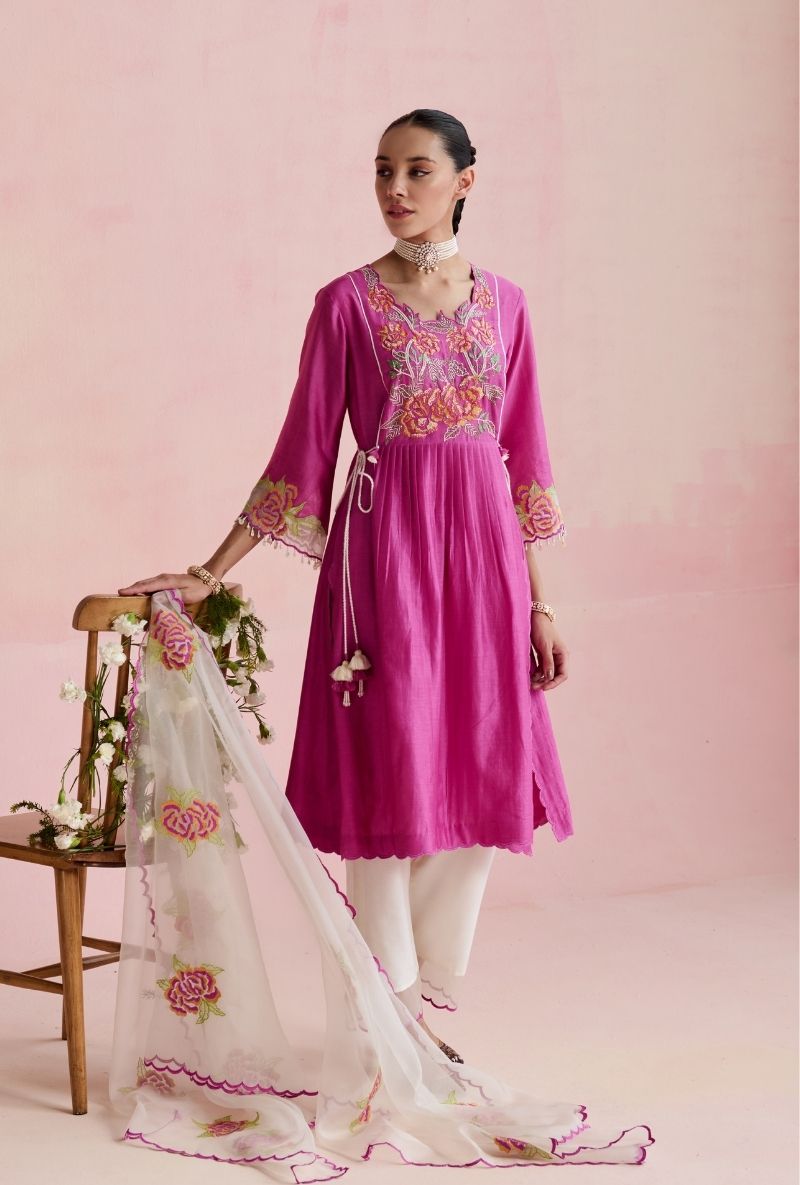 Magenta Pink Embroidered Angrakha Yoke Amara Kurta Set