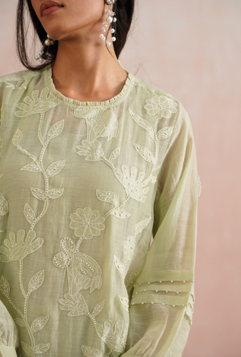 Sage Green Applique and Pearl Embroidered Prisha Kurta Set