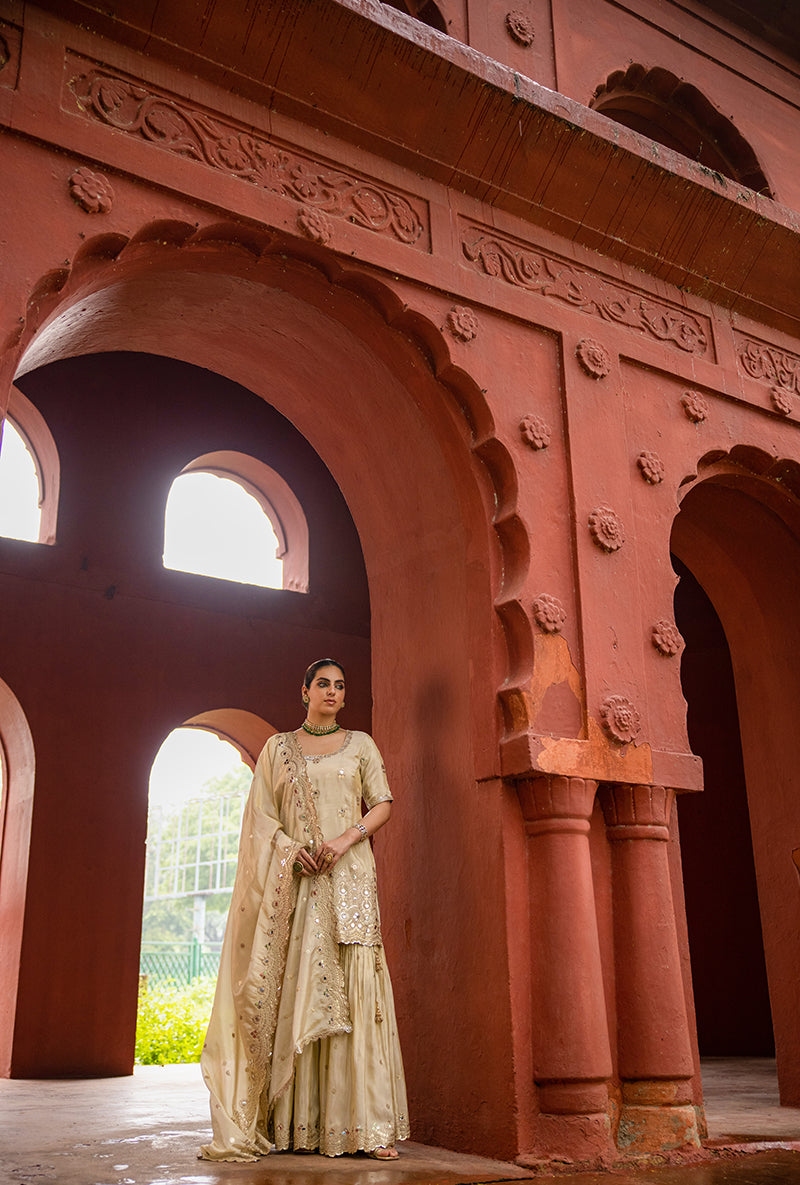 Beige Zari And Mirror Tissue Hoor 3.0 Gharara Set