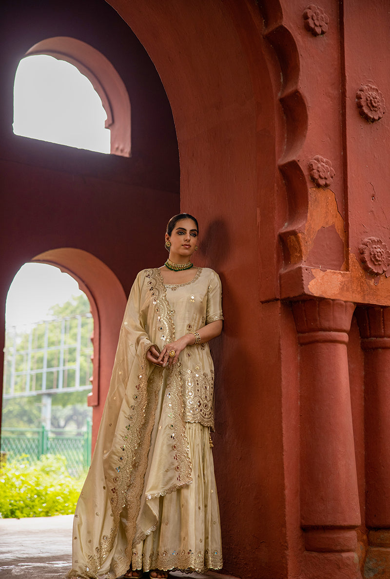 Beige Zari And Mirror Tissue Hoor 3.0 Gharara Set
