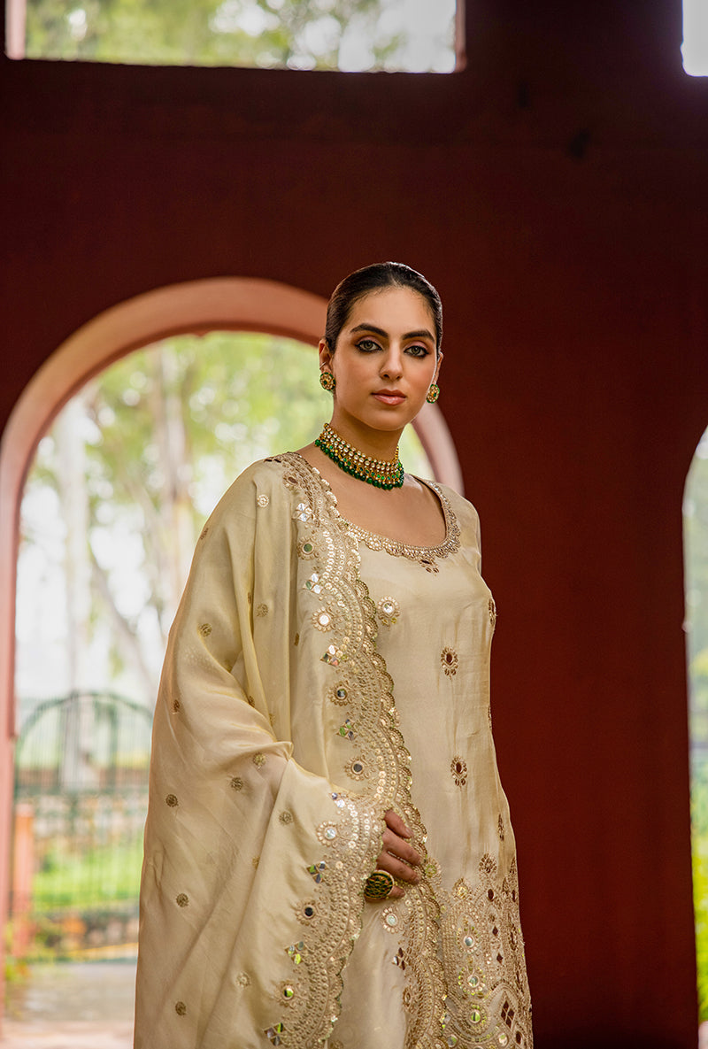 Beige Zari And Mirror Tissue Hoor 3.0 Gharara Set