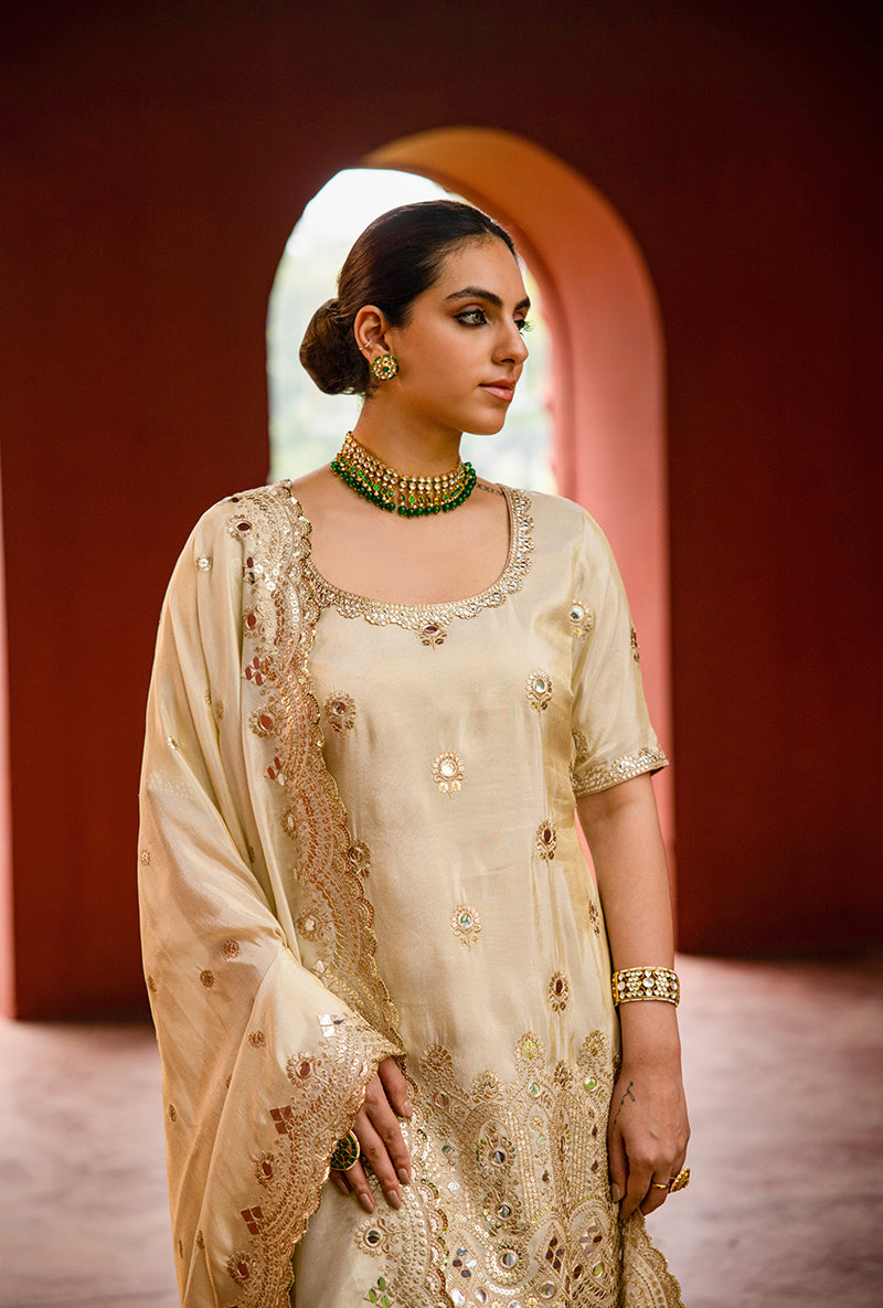 Beige Zari And Mirror Tissue Hoor 3.0 Gharara Set