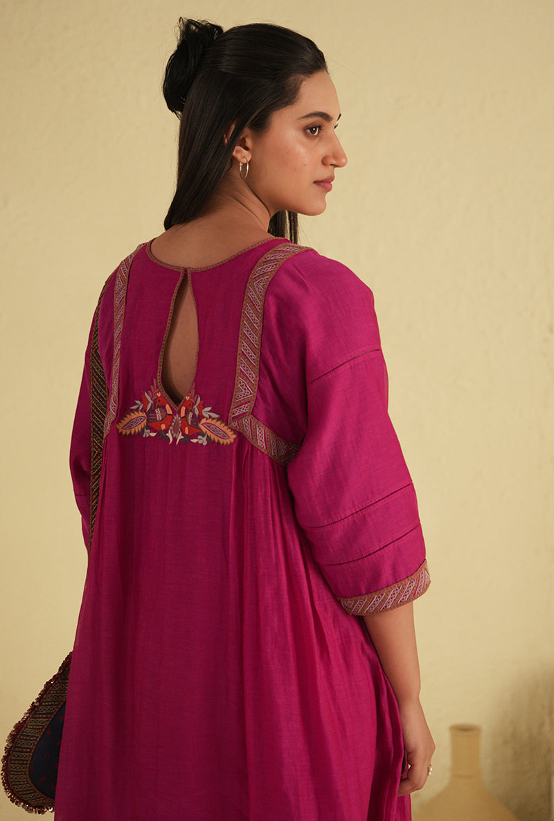 Hot Pink Peacock Side Gathered Noorie Kurta Set