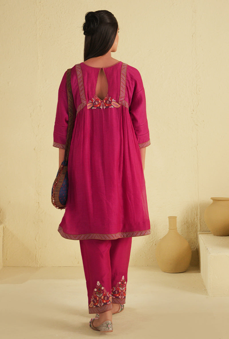 Hot Pink Peacock Side Gathered Noorie Kurta Set