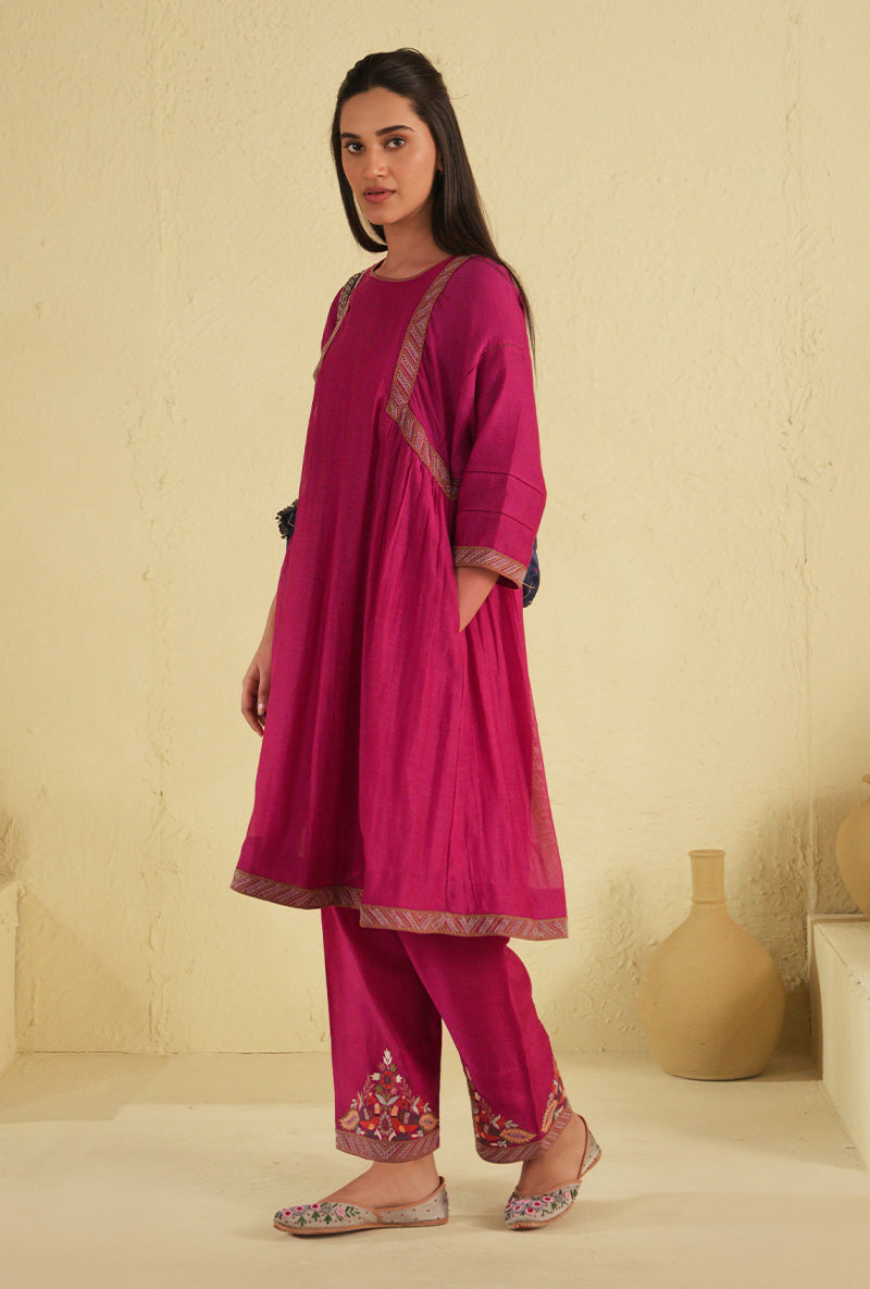 Hot Pink Peacock Side Gathered Noorie Kurta Set