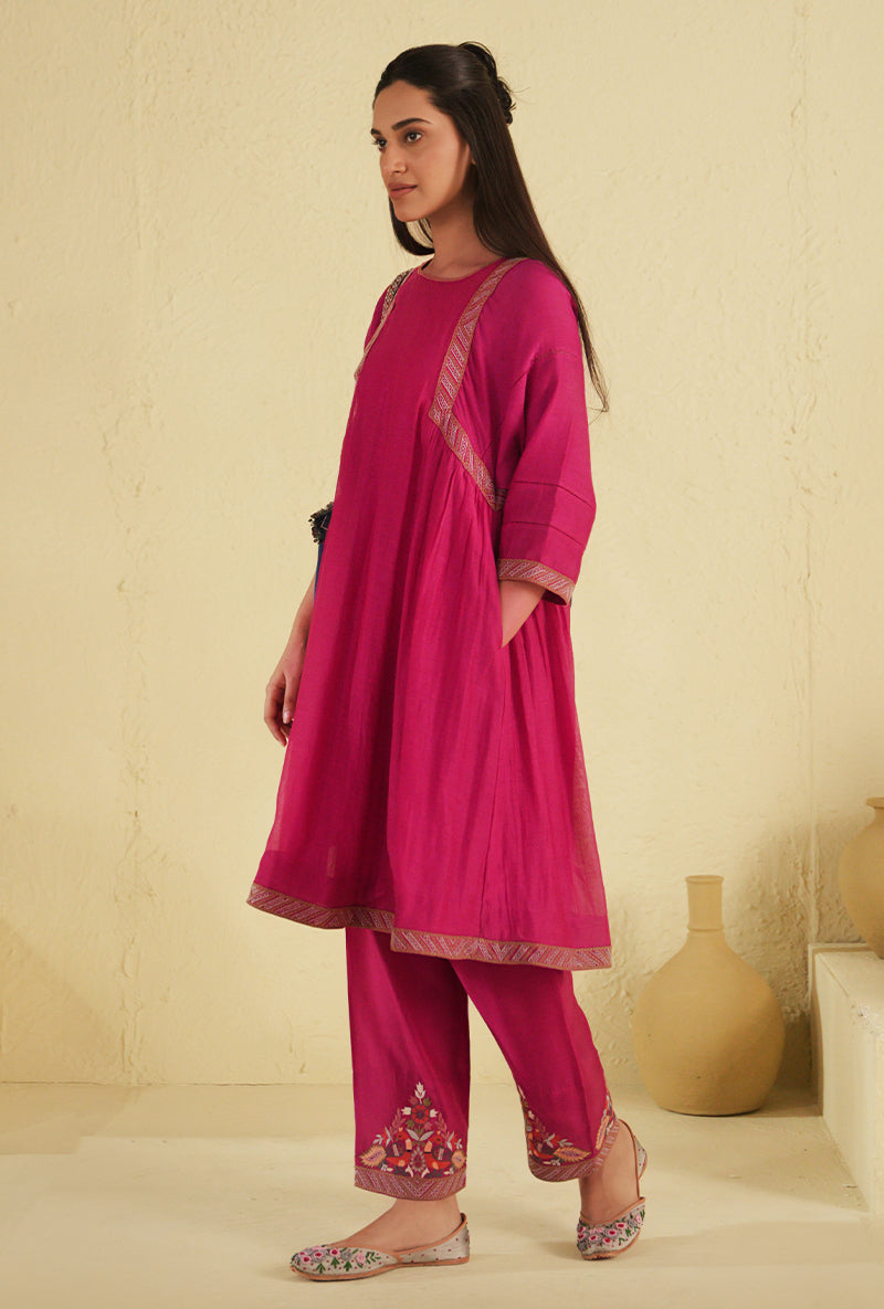 Hot Pink Peacock Side Gathered Noorie Kurta Set