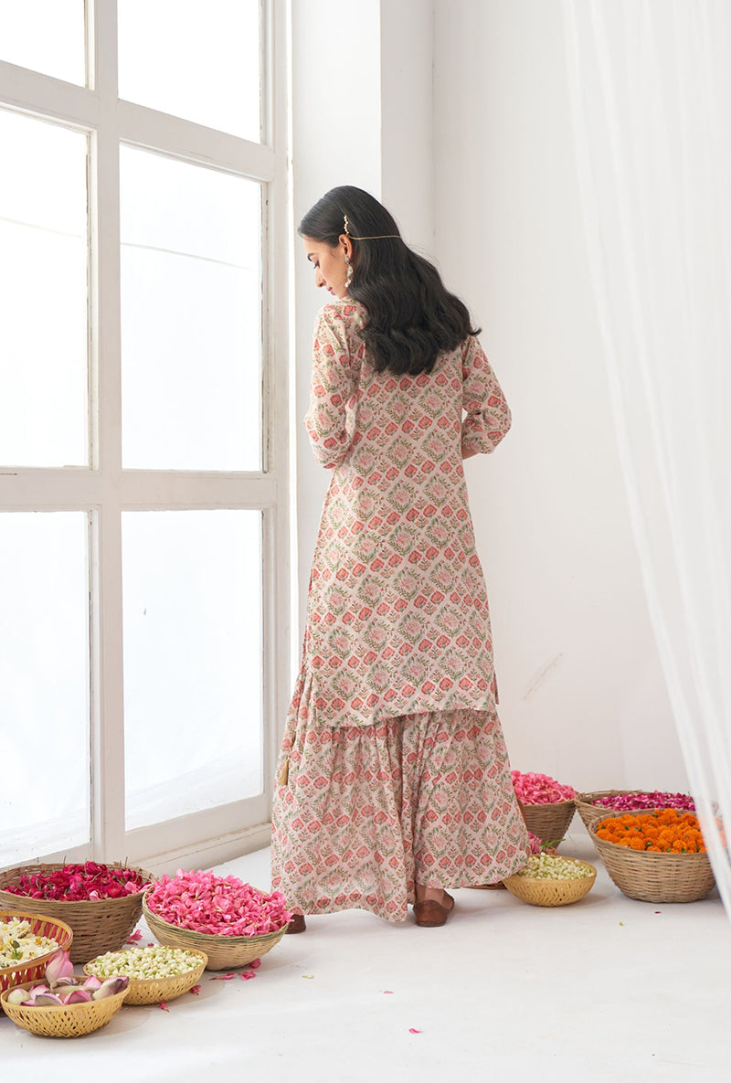 Ivory Printed Short Kurta Iris Gharara Set