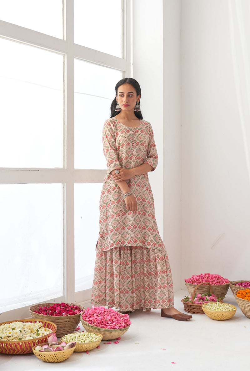 Ivory Printed Short Kurta Iris Gharara Set