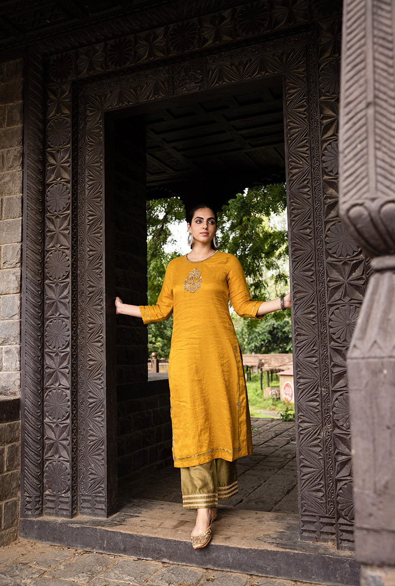 Mustard Single Palm Motif Surmayi Kurta Set