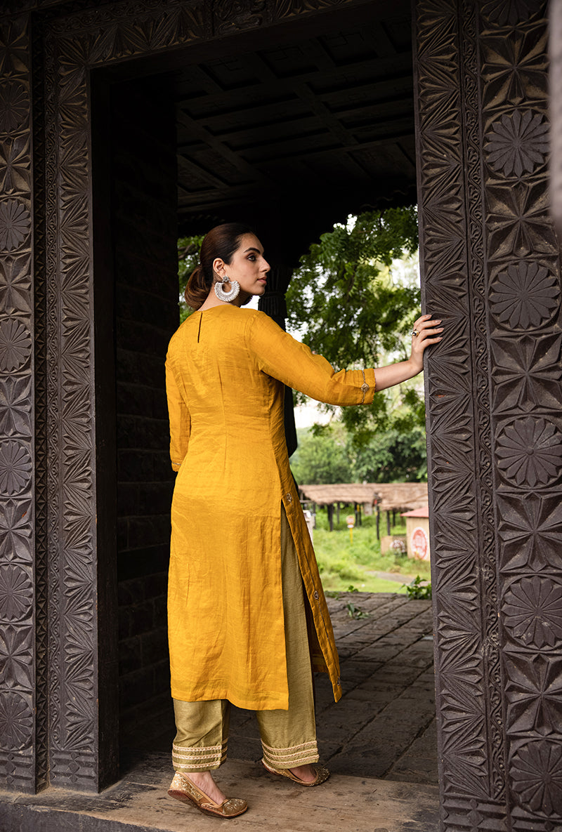 Mustard Single Palm Motif Surmayi Kurta Set
