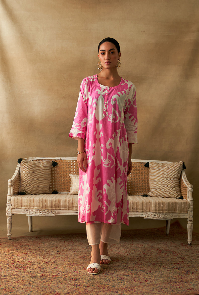 Pink And White Ikat Print Marigold Kurta Set