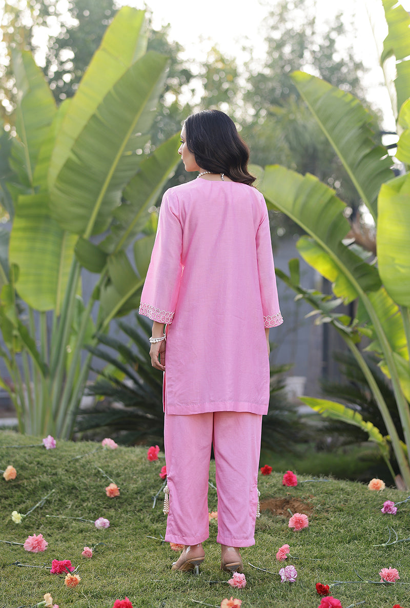 Pink Pearl Yoke Embroidered Magnolia Short Kurta Set