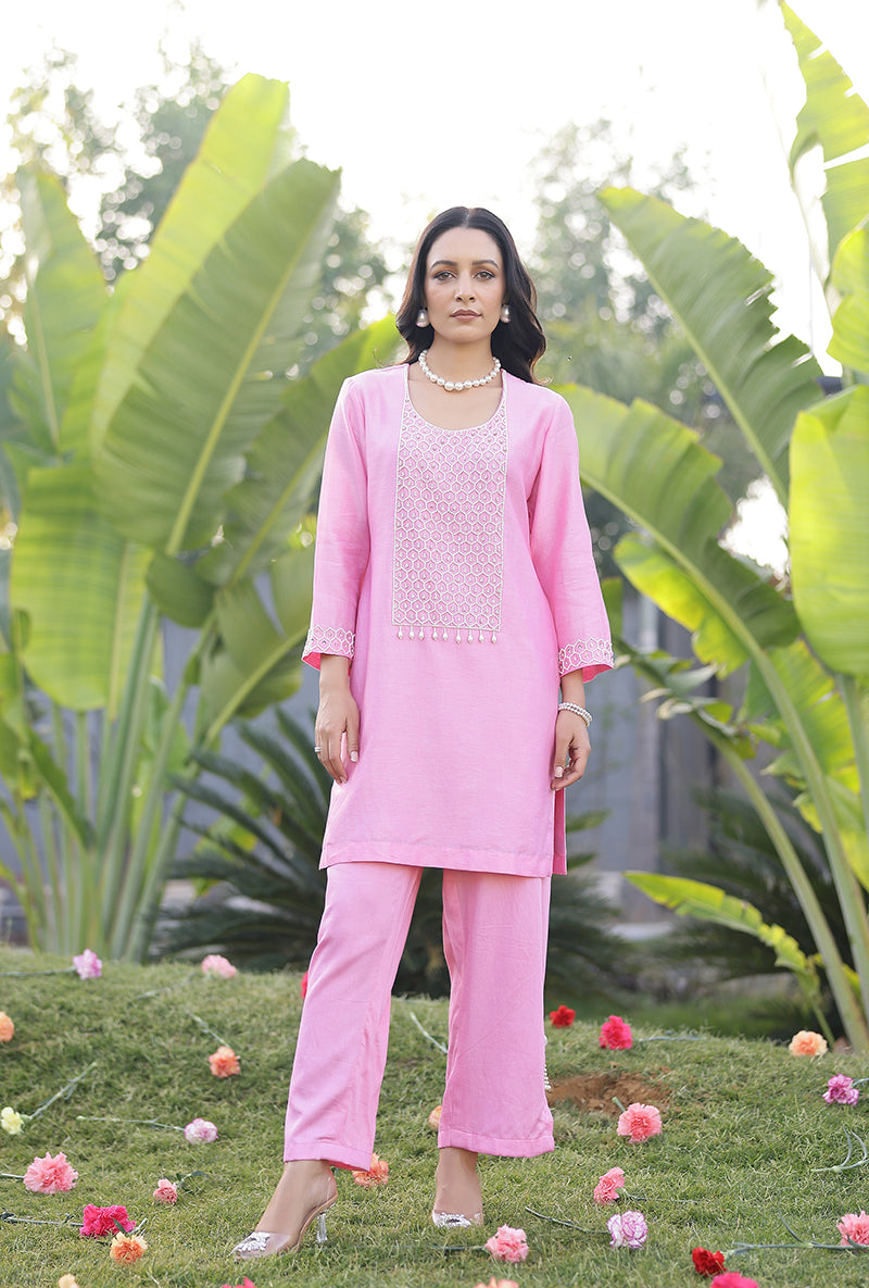 Pink Pearl Yoke Embroidered Magnolia Short Kurta Set