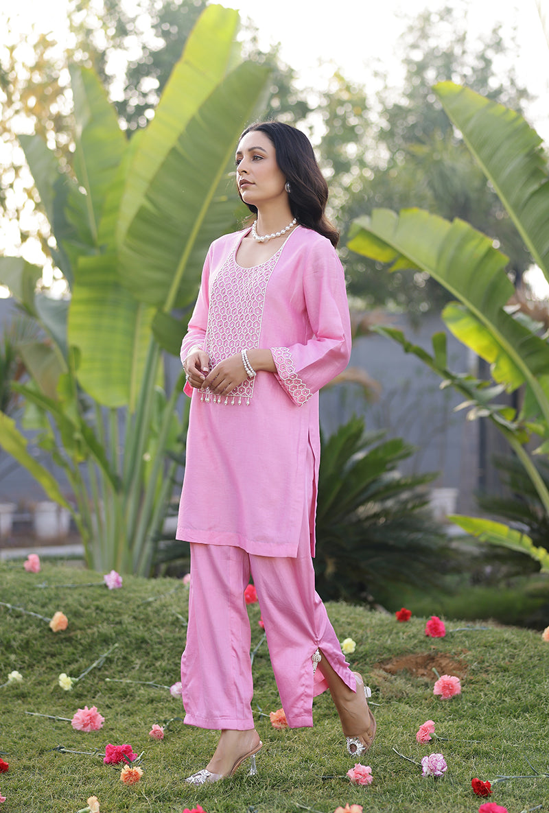 Pink Pearl Yoke Embroidered Magnolia Short Kurta Set