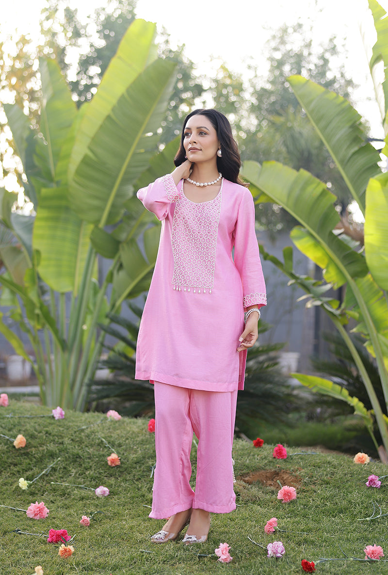 Pink Pearl Yoke Embroidered Magnolia Short Kurta Set