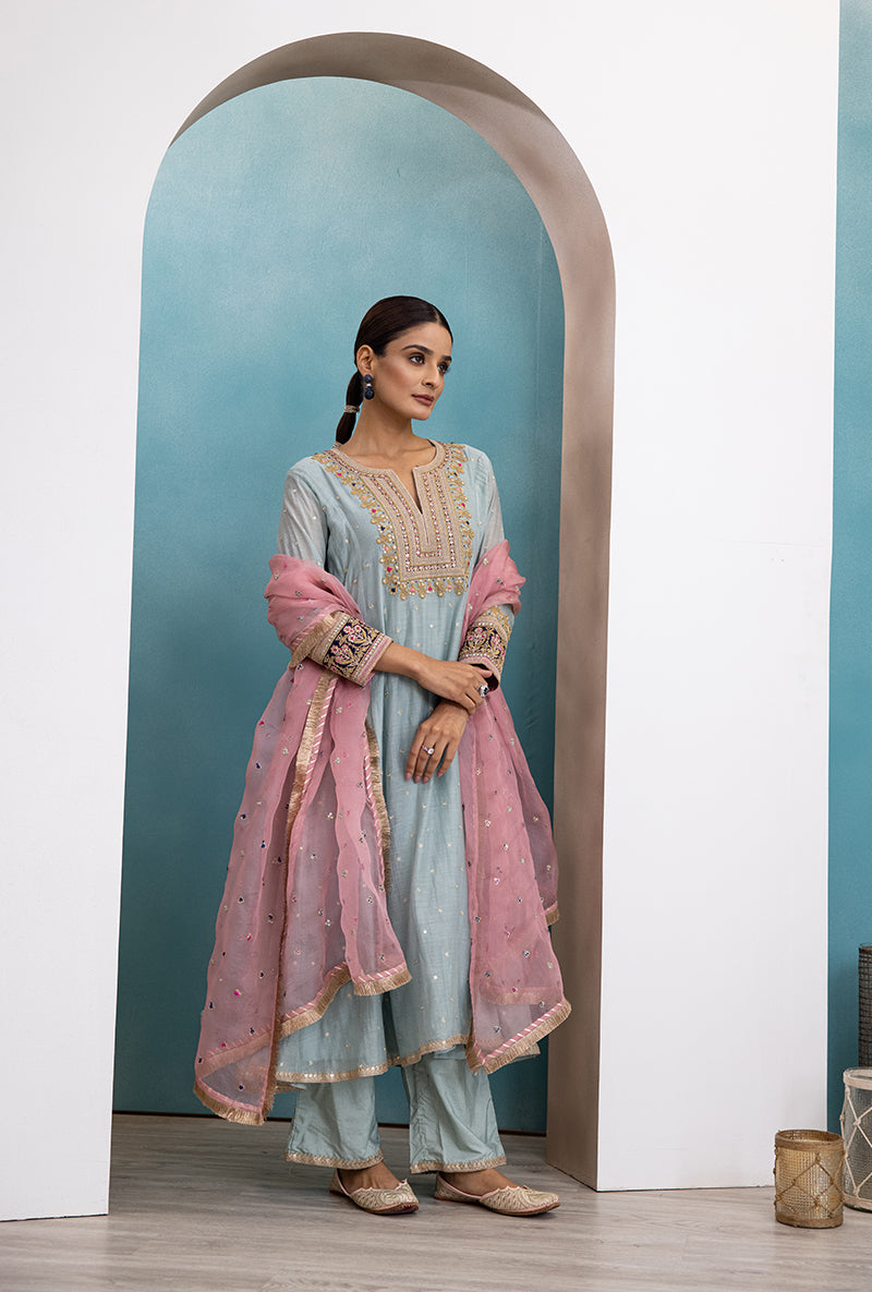 Powder Blue Square Resham Yoke Raha Kurta Set