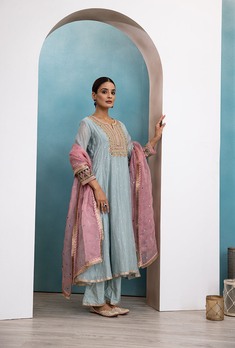 Powder Blue Square Resham Yoke Raha Kurta Set