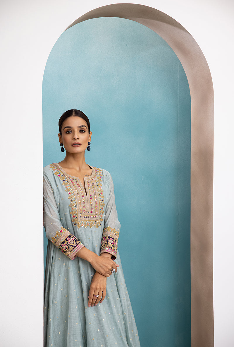 Powder Blue Square Resham Yoke Raha Kurta Set