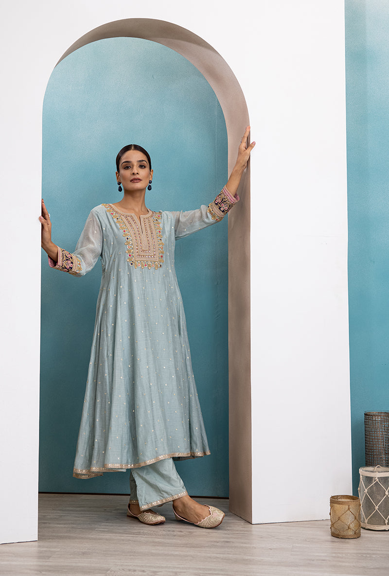 Powder Blue Square Resham Yoke Raha Kurta Set