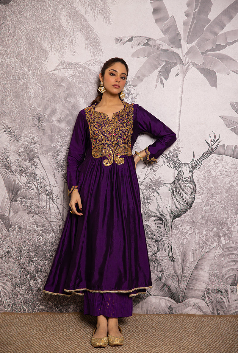 Purple Bird Embroidered Shaheen Front Pleat Kurta Set