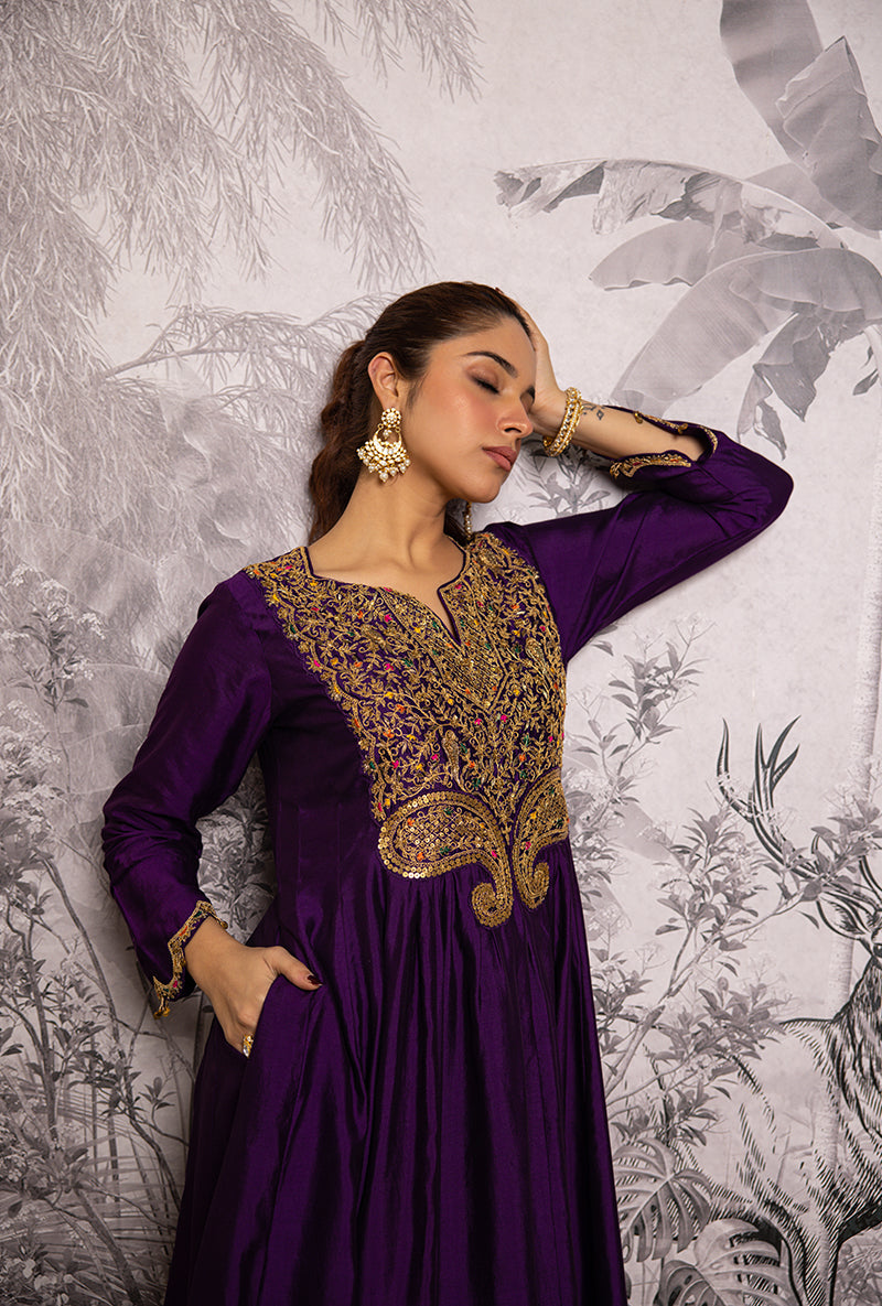 Purple Bird Embroidered Shaheen Front Pleat Kurta Set