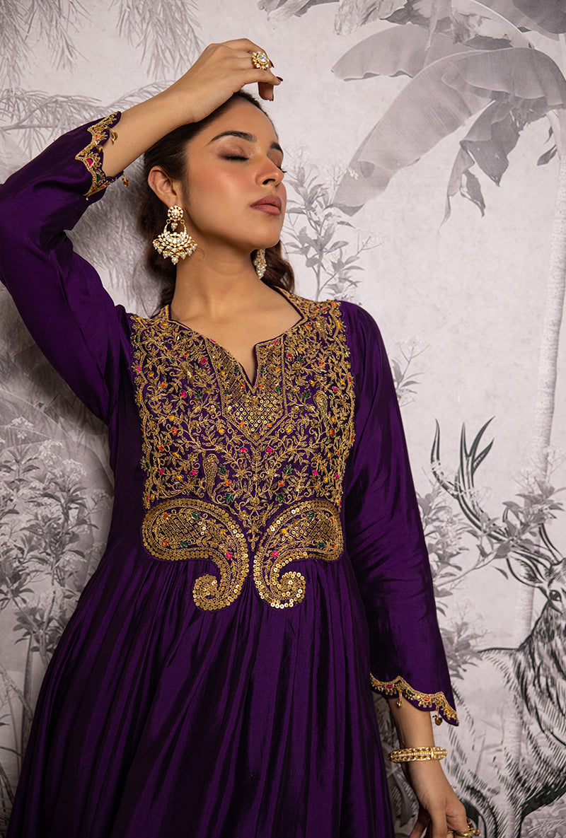Purple Bird Embroidered Shaheen Front Pleat Kurta Set